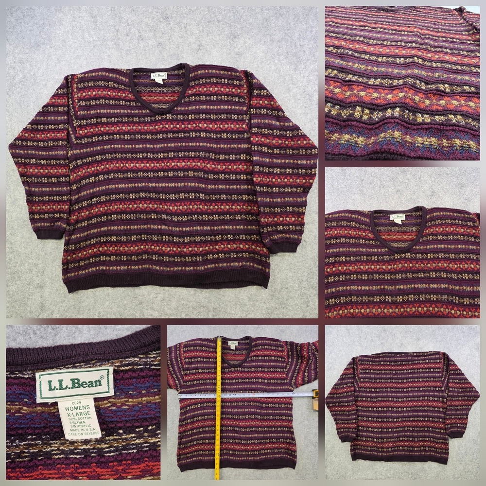 Vintage LL Bean Sweater Womens XL Purple Fair Isle Knit V Neck Pullover Warm